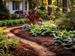 A winding garden path surrounded by greenery and colorful plants in a sunny setting.