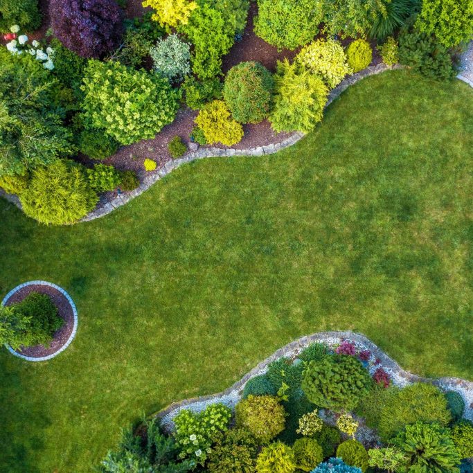 Aerial view of a lush garden with well-defined paths and vibrant greenery.