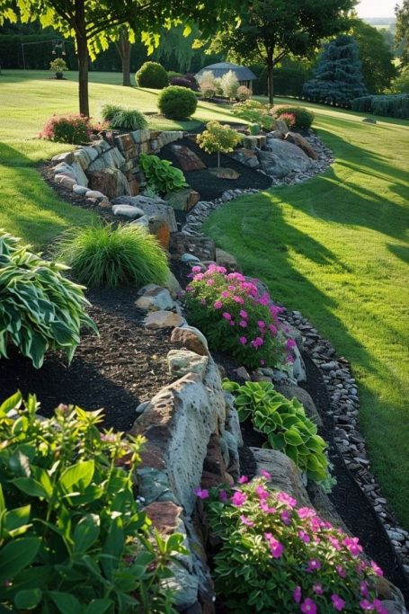 A landscaped garden with a stone-lined creek and colorful flowers.