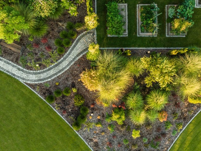 Aerial view of a landscaped garden with garden beds and various plants.