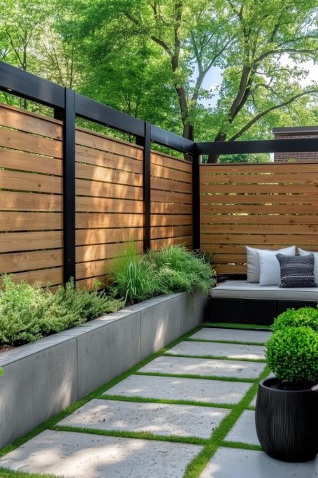 Modern garden design featuring wooden fencing, greenery, and a cozy seating area.